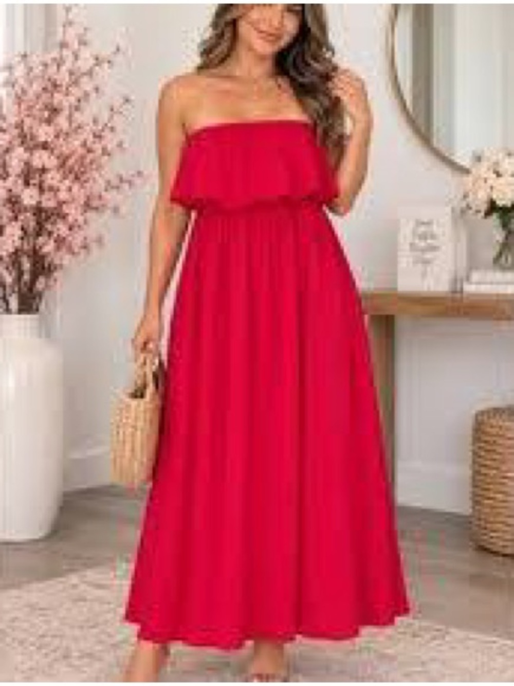 Zenana Outfitters Strapless Ruffle Maxi Dress - Red